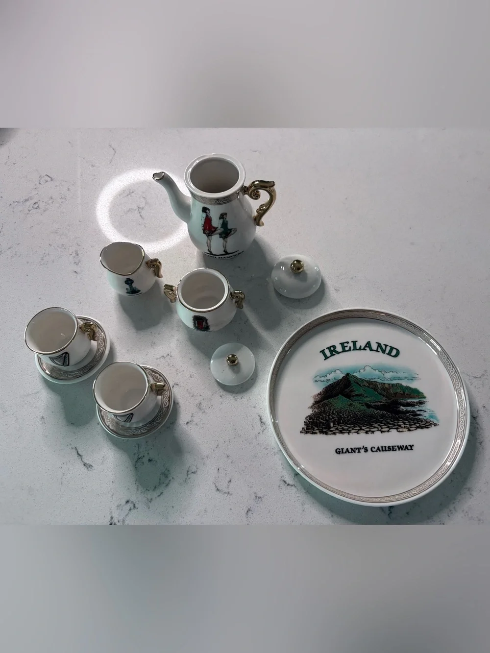 Iconic Ireland Irish Dancers White Porcelain Miniature Tea Set handpainted